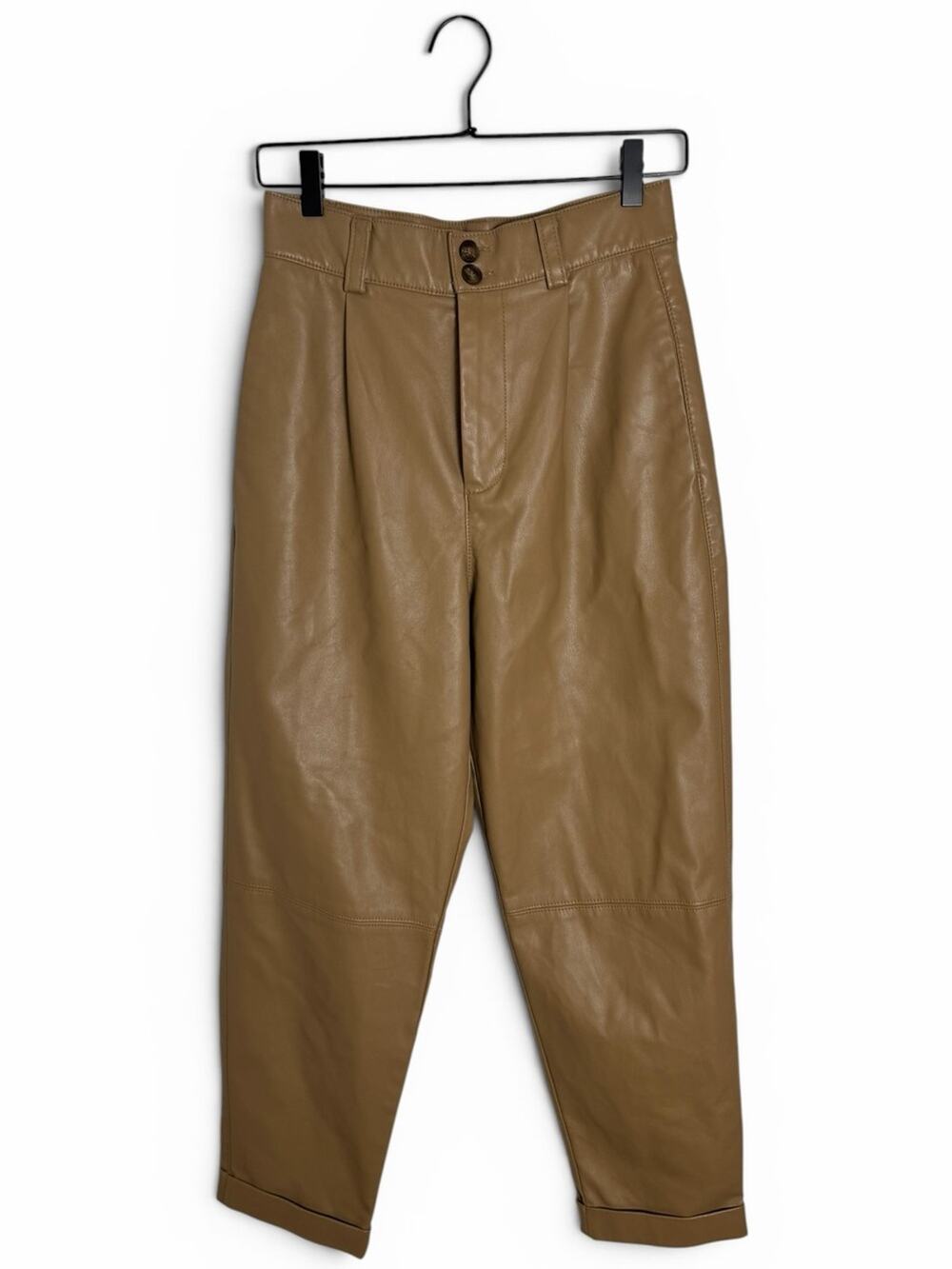 Zara Faux Leather Camel Brown Pleated Super High Rise Mom Fit Pants Size Small